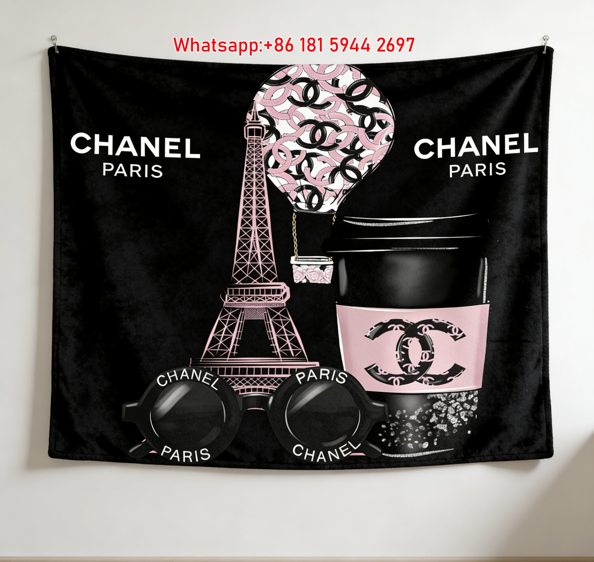 Chanel Black Pink Paris Logo Flannel Throw Blanket IMG_7307